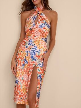 LULU’S Bold Presence Orange Multi Floral Satin Halter Midi Dress